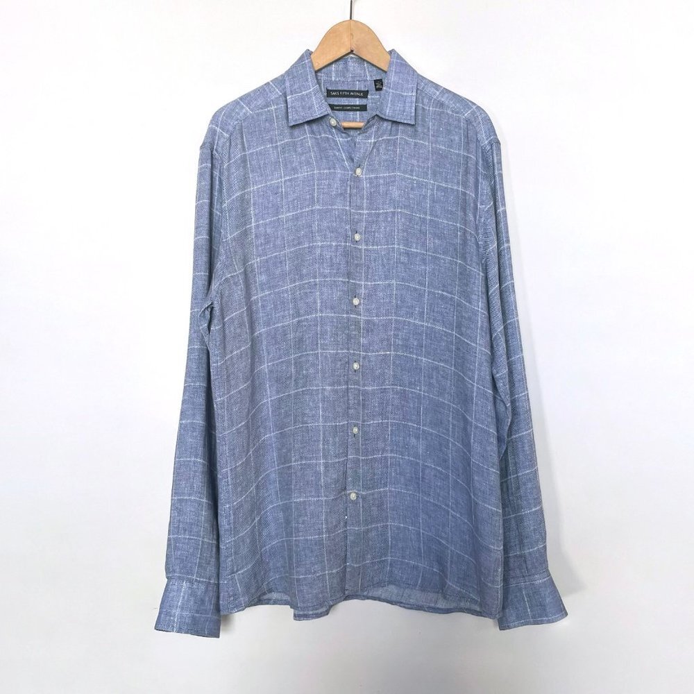 Saks Fifth Avenue Windowpane Linen Button Up Shirt Sz L